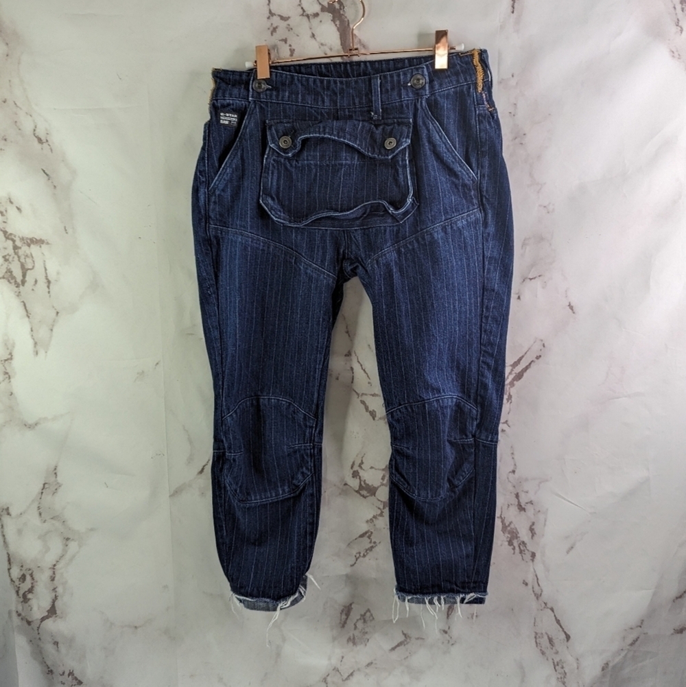 GSTAR Raw Jeans Womens 0 Pouch Boyfriend Mid Crop Dark Pinstripe Railroad Denim